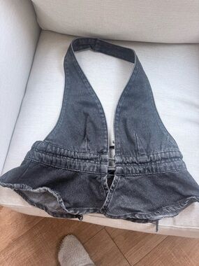 Washed Black Denim Halter Crop Top